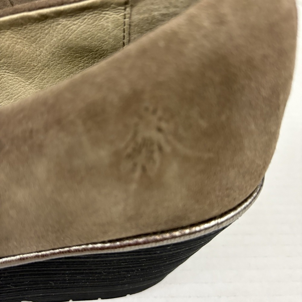 Fly London Women 41 Suede Wedge Pumps Taupe Brown Green Stitch Comfort Shoes - Picture 12 of 13
